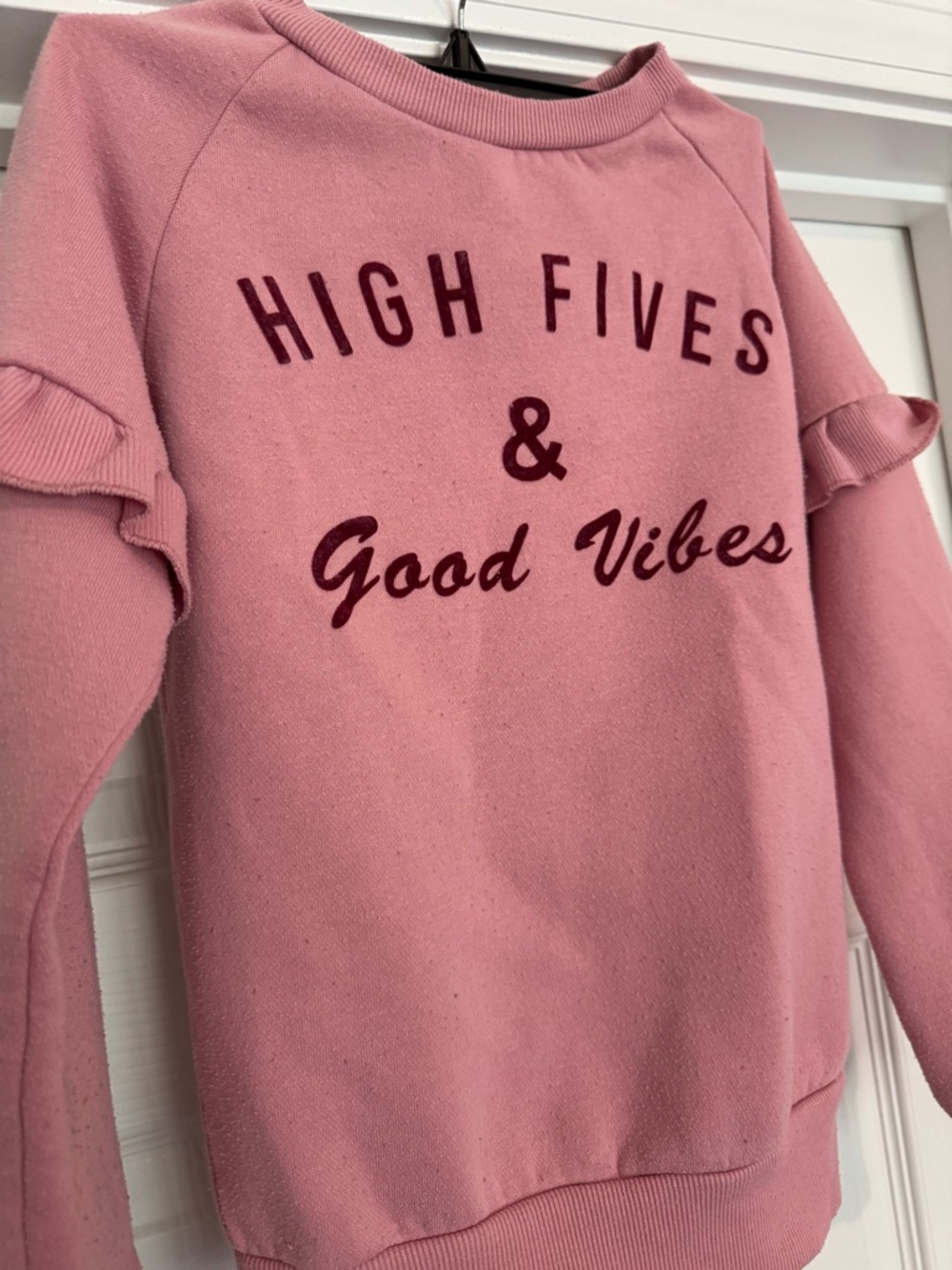 Primark Pink Ruffle-Sleeve "High Fives & Good Vibes" Sweater